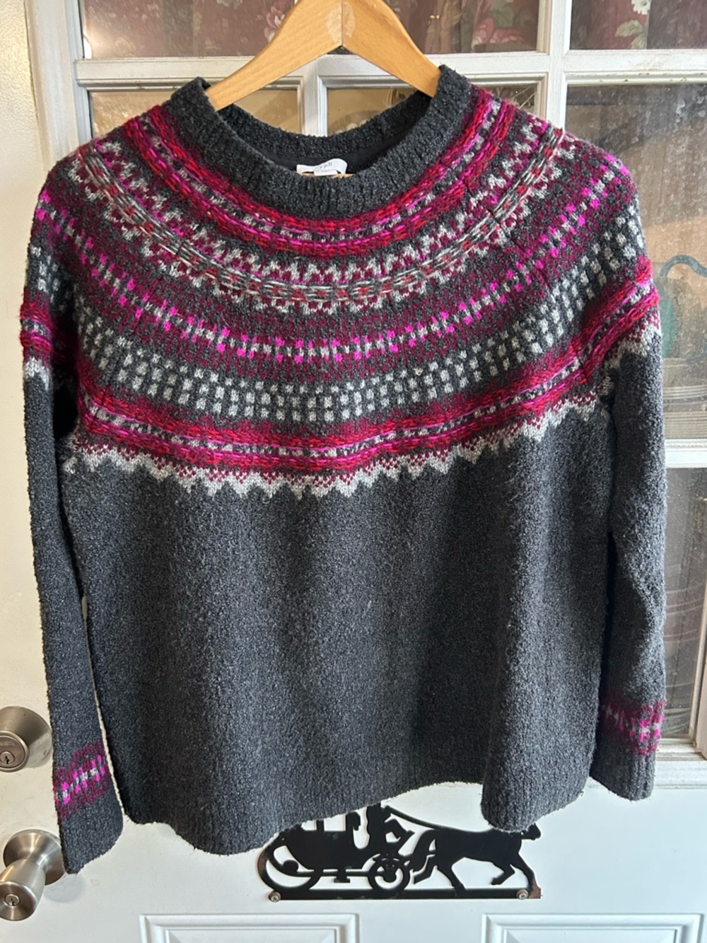 J. Jill Dark Gray Crewneck Sweater with Pink Fair Isle Yoke